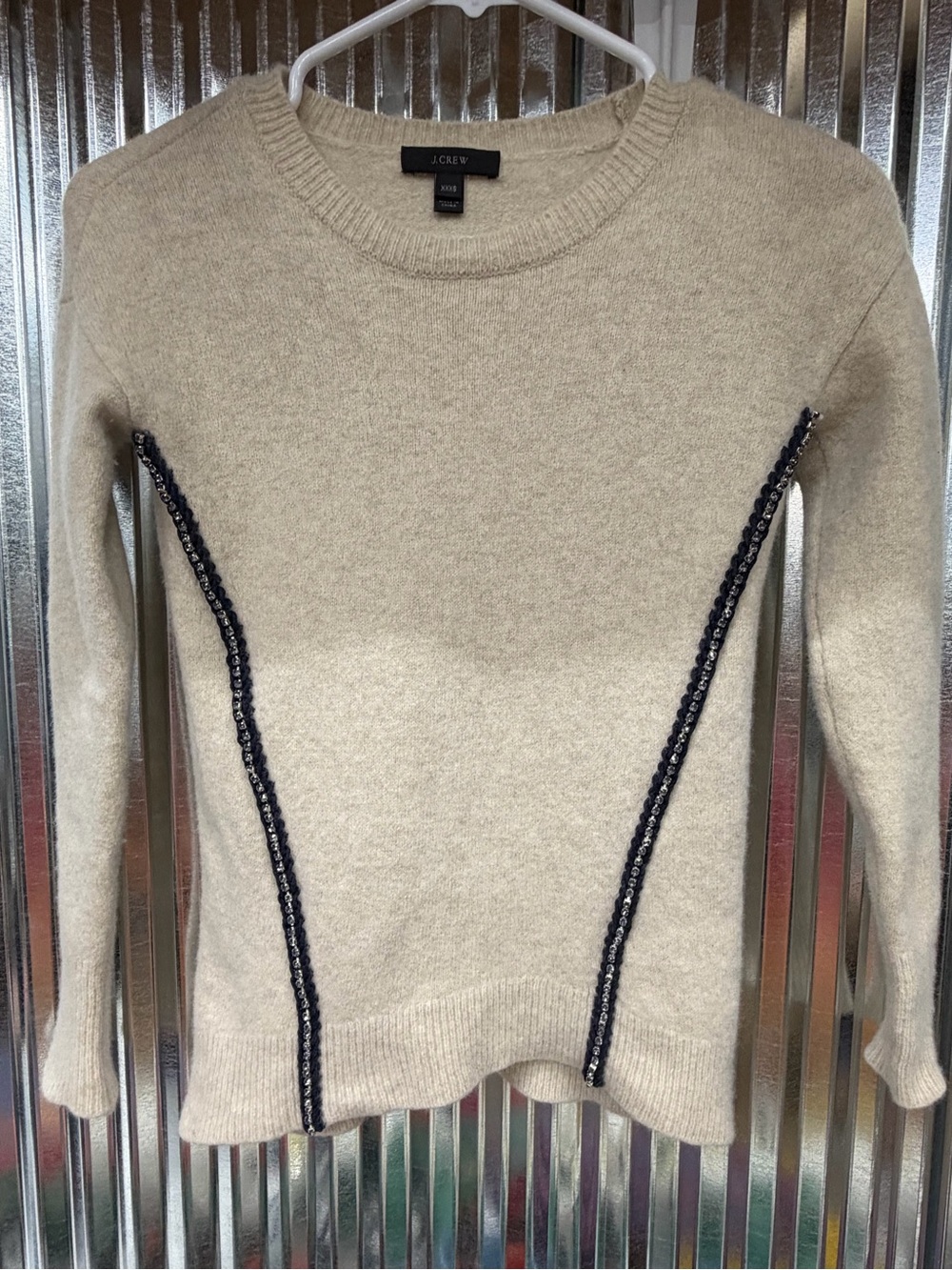 J.Crew 100% Wool Rhinestone Chain Trim Sweater XXXS Beige